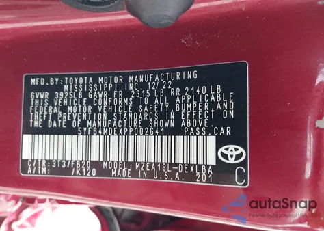 2023 Toyota Corolla Le из США, поврежденный, VIN 5YFB4MDEXPP002641